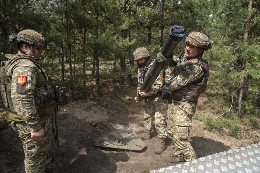 LYMAN, UKRAINE - MAY 6: Ukrainian soldiers from the 115th Brigade Mortar Unit conduct mortar training, as members of the Anti-UAV unit test an FPV drone inhibitor in Lyman, Ukraine, on May 6, 2025. (P ...