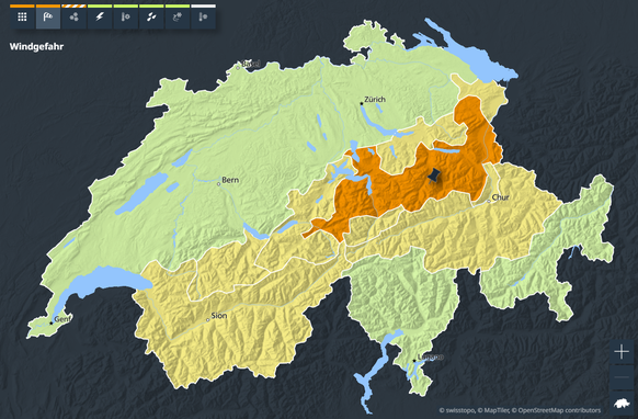 Im orange eingefärbten Gebiet gilt Gefahrenstufe 3 ab Montagabend.