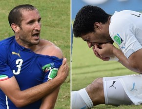 Eine der denkwürdigsten Szenen der WM 2014: Giorgio Chiellini hält sich die Schulter, Luis Suarez die Zähne – der Uruguayer biss den Italiener.
