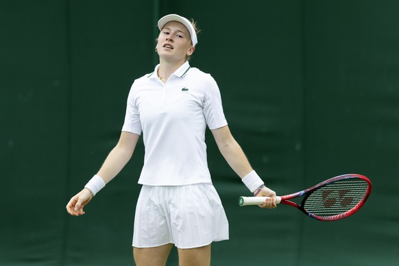 Celine Naef of Switzerland reacts during her first round match against Anastasia Potapova of Russia at the All England Lawn Tennis Championships in Wimbledon, London, Tuesday, July 4, 2023. (KEYSTONE/ ...
