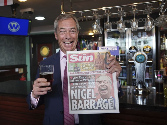 Leader of Reform UK Nigel Farage speaks to the media following the launch of his General Election campaign in Clacton-on-Sea, Essex, England, Tuesday June 4, 2024. Mr Farage announced on Monday that h ...