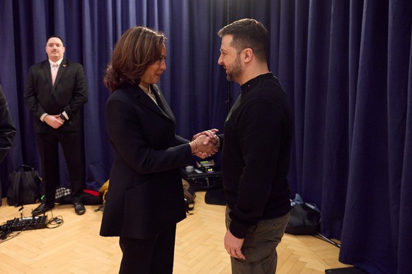 epa11161826 A handout photo made available by the Presidential Press Service shows President of Ukraine Volodymyr Zelensky (R) and US Vice President Kamala Harris (L) attending their bilateral meeting ...