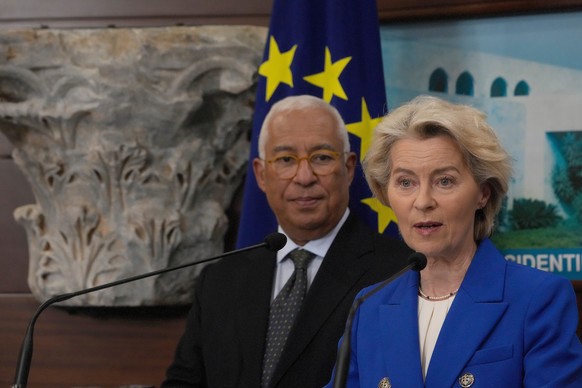European Commission President Ursula von der Leyen, right, reads a statement next of the European Council President Antonio Costa, at the presidential palace in Baabda, east of Beirut, Lebanon, Friday ...