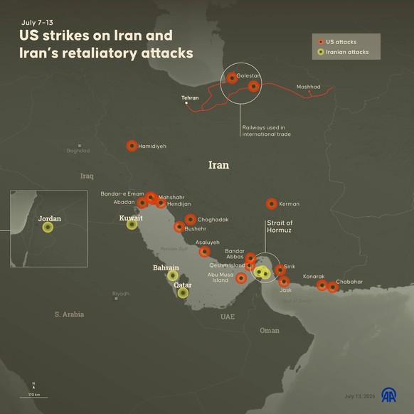 US strikes on Iran and Irans retaliatory attacks ANKARA, TURKIYE - JULY 13: An infographic titled US strikes on Iran and Irans retaliatory attacks created in Ankara, Turkiye on July 13, 2026. Omar Zag ...