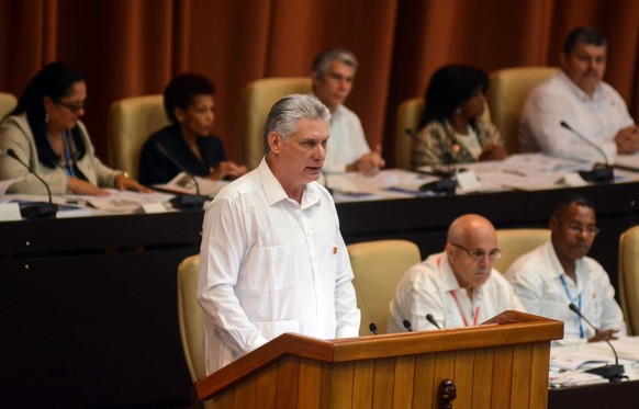 epa06903190 Cuban President Miguel Diaz-Canel delivers a speech during the plenary of the first regular session of the IX Legislature of the National Assembly, in Havana, Cuba, 21 July 2018. The Natio ...