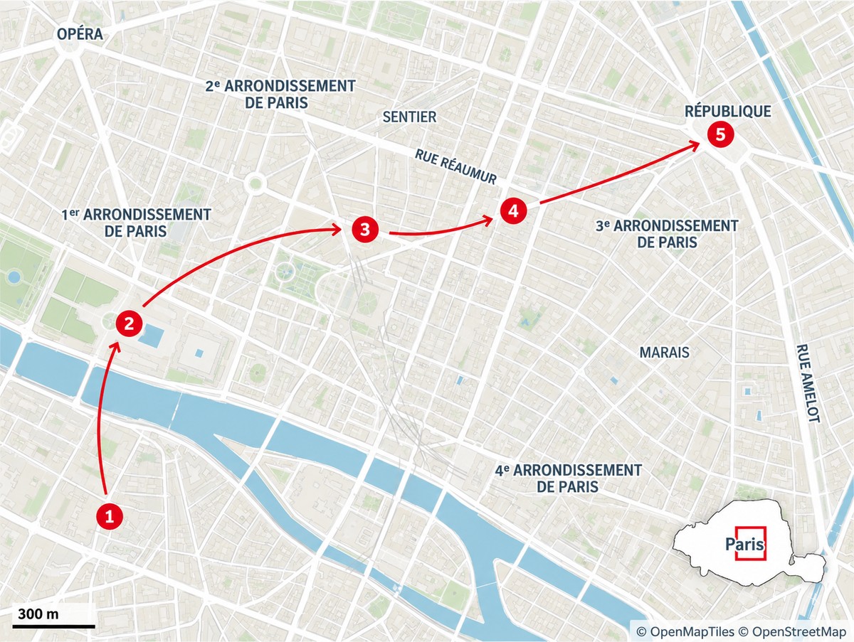 Le parcours réalisé par l'auteur de ces lignes à travers Paris.