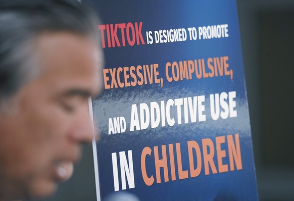 A poster board criticizing TikTok is displayed as California Attorney General Rob Bonta speaks during a press conference announcing a bipartisan coalition of attorney generals filing lawsuits against  ...