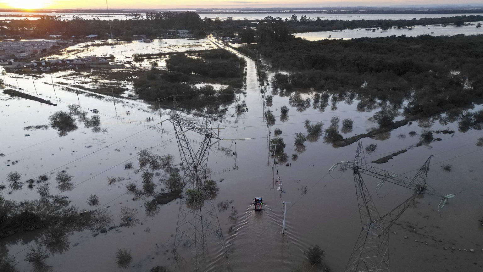 epa11330562 An aerial picture shows a flooded area in Eldorado, metropolitan region of Porto Alegre, Brazil, 09 May 2024. The Brazilian Armed Forces have deployed a large scale operation to help victi ...