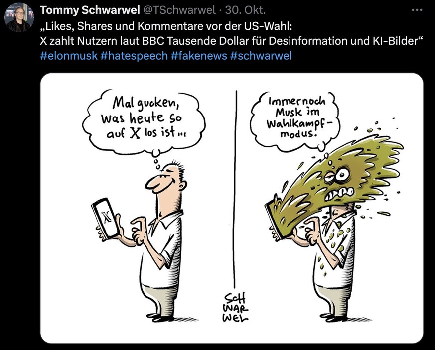 Karikatur zur Social-Media-Plattform X von Elon Musk
