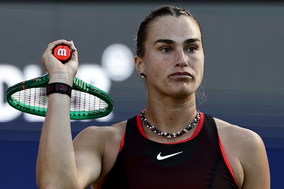 epa13044803 Berarus' Aryna Sabalenka in action during her singles round of 16 match against Russia's Ekaterina Alexandrova at the WTA 500 Berlin Open tennis tournament at Steffi Graf Stadium ...