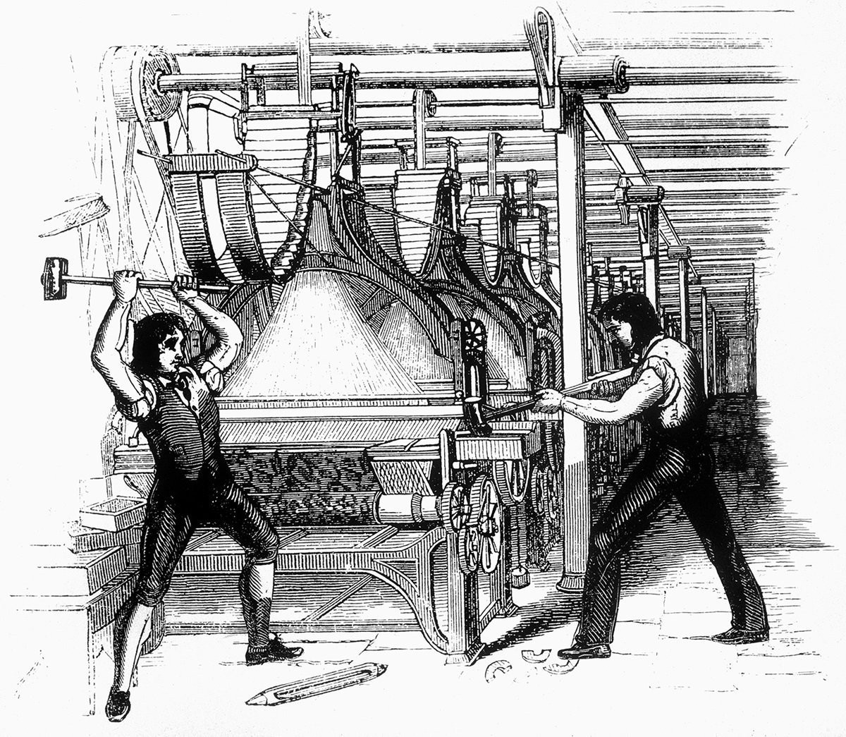 Arbeiter zerstören aus Protest einen Webstuhl, 1812.
https://de.wikipedia.org/wiki/Maschinenst%C3%BCrmer#/media/Datei:FrameBreaking-1812.jpg