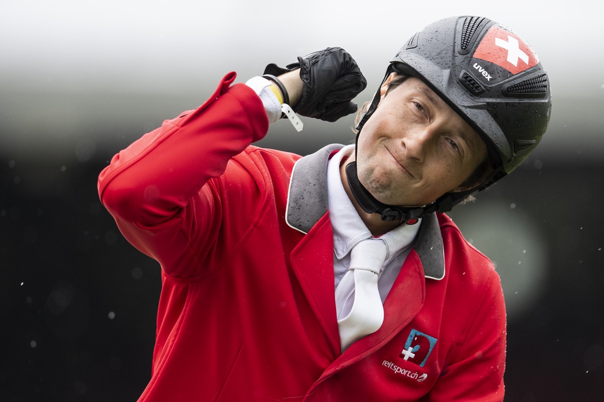 Martin Fuchs from Switzerland on Leone Jei at the "Longines FEI Jumping Nations Cup of Switzerland" during the CSIO Show Jumping in St. Gallen, Switzerland, Sunday, June 6, 2021. (KEYSTONE/E ...