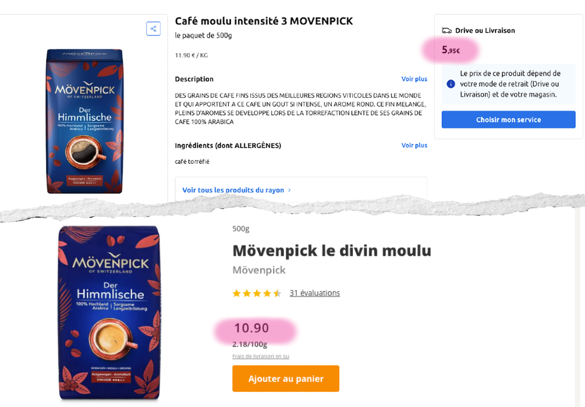 La différence de prix du café Mövenpick entre la France et la Suisse.
