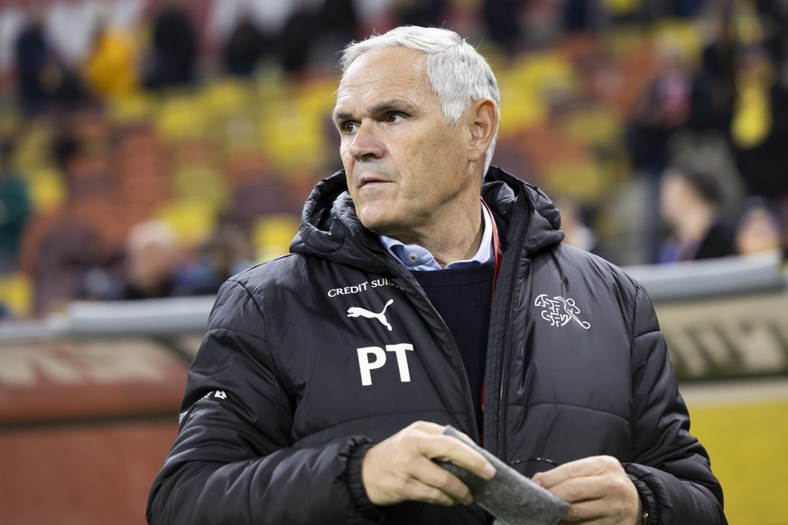 Pierluigi Tami, Director of Swiss Football Federation SFV, looks on prior to the UEFA Euro 2024 qualifying group I soccer match between Romania and Switzerland at the National Arena stadium in Buchare ...