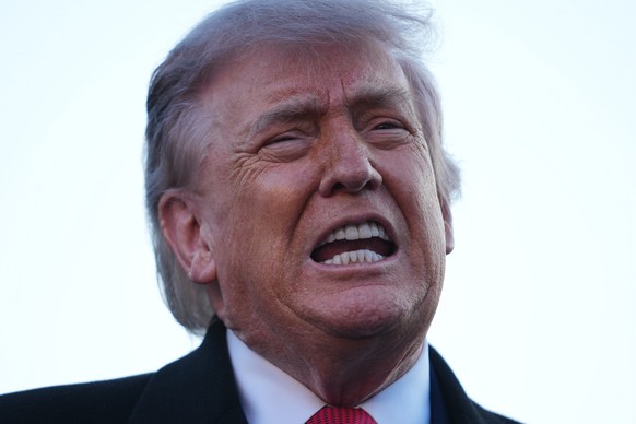 President Donald Trump speaks as he visits the Lincoln Memorial Reflecting Pool to see the new blue protective coating being applied as part of a renovation project, Thursday, May 7, 2026, in Washingt ...