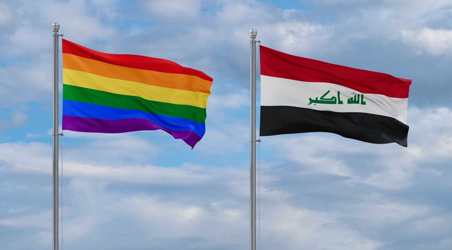 Iraq and LGBT movement flags waving together on blue cloudy sky Model Released Property Released xkwx LGBT gay pride transgender gay pride lesbian bisexual homosexual homosexuality flag sky flapping w ...