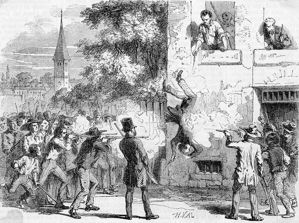 -ORIGINAL CAPTION READS: The assassination of Joseph Smith, in 1844. Undated engraving after a drawing by Didier.
