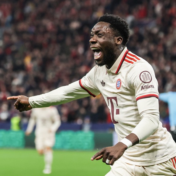 epa11957285 Alphonso Davies of Bayern celebrates after scoring the 2-0 during the UEFA Champions League Round of 16, 2nd leg soccer match between Bayer 04 Leverkusen and FC Bayern Munich, in Leverkuse ...