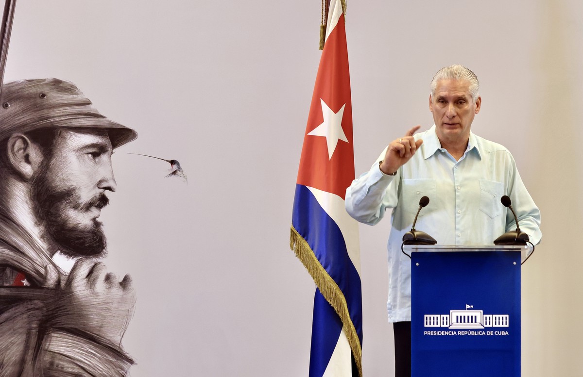 epa12817413 A handout photo made available by the Office of the President of Cuba showing Cuban President Miguel Diaz-Canel speaking during a press conference in Havana, Cuba, 13 March 2026. The Cuban ...