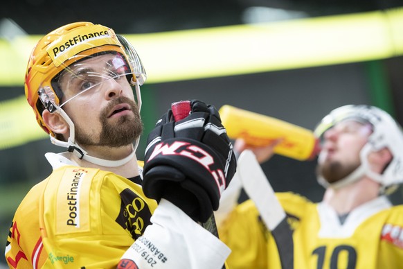 Le top scorer bernois Mark Arcobello montre sa deception sur le banc lors du match du championnat suisse de hockey sur glace de National League entre le Lausanne HC et le SC Bern ce samedi 29 fevrier  ...