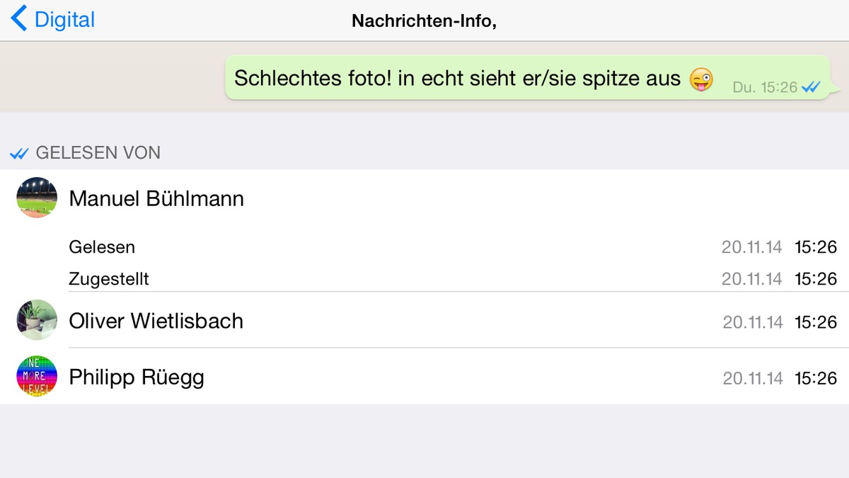 WhatsApp zeigt auch in Gruppenchats, wann welches Mitglied eine Nachricht gelesen hat.