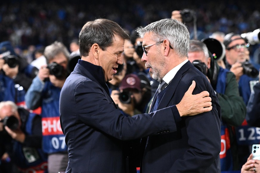 epa10964844 Napoli���s head coach Rudi Garcia and Union Berlin���s head coach Urs Fischer during the UEFA Champions League group C soccer match between SSC Napoli and Union Berlin, in Naples, 08 Novem ...