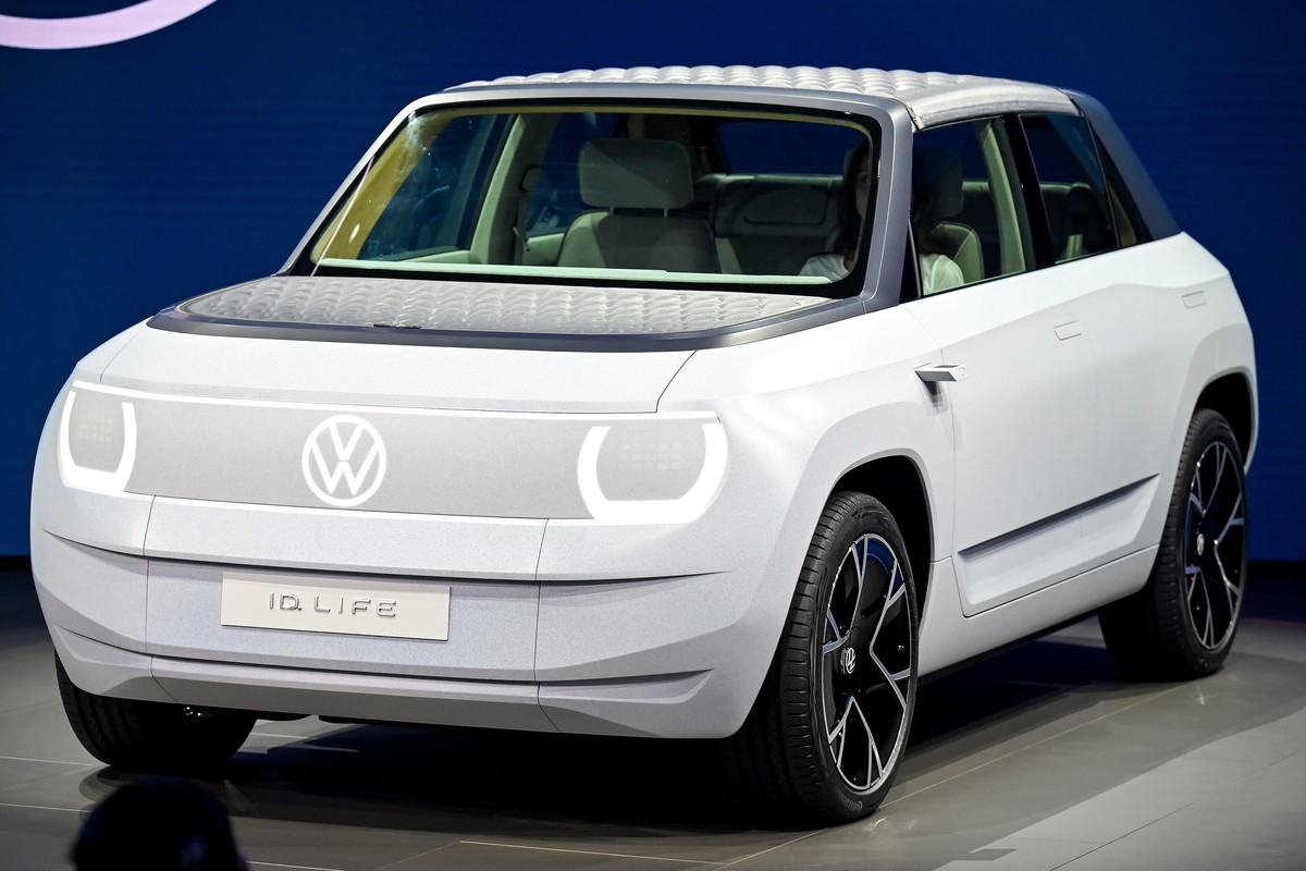 epa09451102 The Volkswagen VW ID. Life on display at the first press preview day of the International Motor Show IAA in Munich, Germany, 06 September 2021. The 2021 International Motor Show Germany IA ...