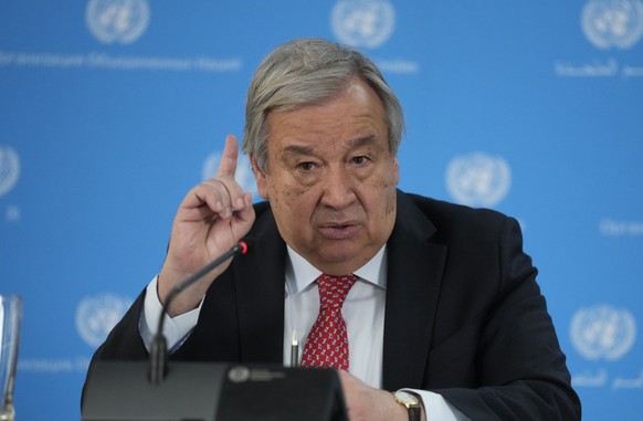FILE - U.N secretary General Antonio Guterres addresses the media during a visit to the U.N. office in the capital Nairobi, Kenya Wednesday, May 3, 2023. Antonio Guterres says Sudan is on the brink of ...