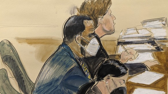 In this courtroom artist&#039;s sketch R. Kelly, left, listens during his trial in New York, Thursday, Aug. 26, 2021. The 54-year-old Kelly has repeatedly denied accusations that he preyed on several  ...