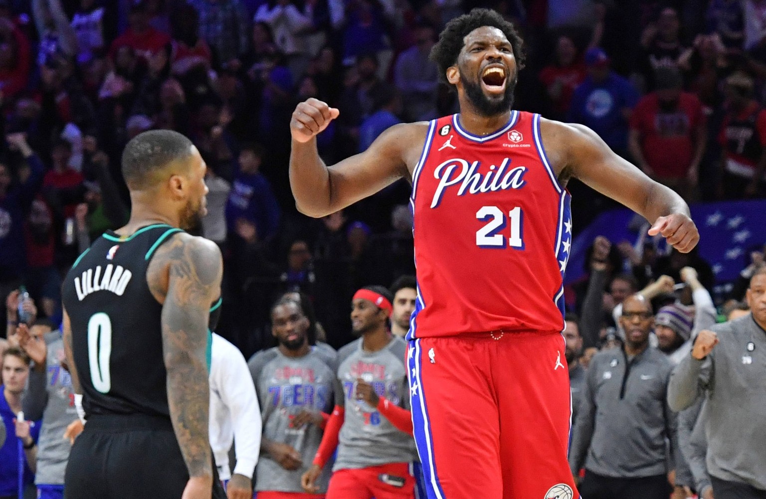 NBA, Basketball Herren, USA Portland Trail Blazers at Philadelphia 76ers Mar 10, 2023 Philadelphia, Pennsylvania, USA Philadelphia 76ers center Joel Embiid 21 celebrates win over Portland Trail Blazer ...