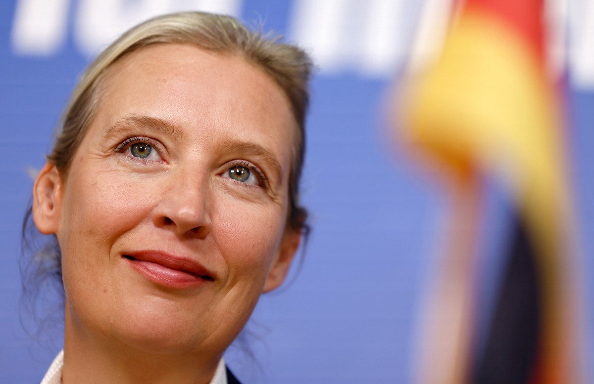 epa10909063 Alternative for Germany (AfD) co-chairwoman Alice Weidel attends a news conference after the state elections in Hesse and Bavaria, in Berlin, Germany, 09 October 2023. EPA/HANNIBAL HANSCHK ...