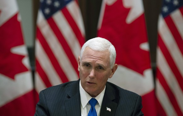 U.S. Vice President Mike Pence speaks during a meeting with Canadian Prime Minister Justin Trudeau on Parliament Hill in Ottawa, Ontario, Thursday, May 30, 2019. (Adrian Wyld/The Canadian Press via AP ...