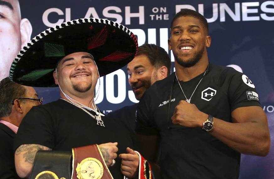 Anthony Joshua and Andy Ruiz Jr attend a press conference at a hotel in London, Friday, Sept. 6, 2019. Andy Ruiz Jr changed his life and the heavyweight boxing picture when he stopped Anthony Joshua i ...