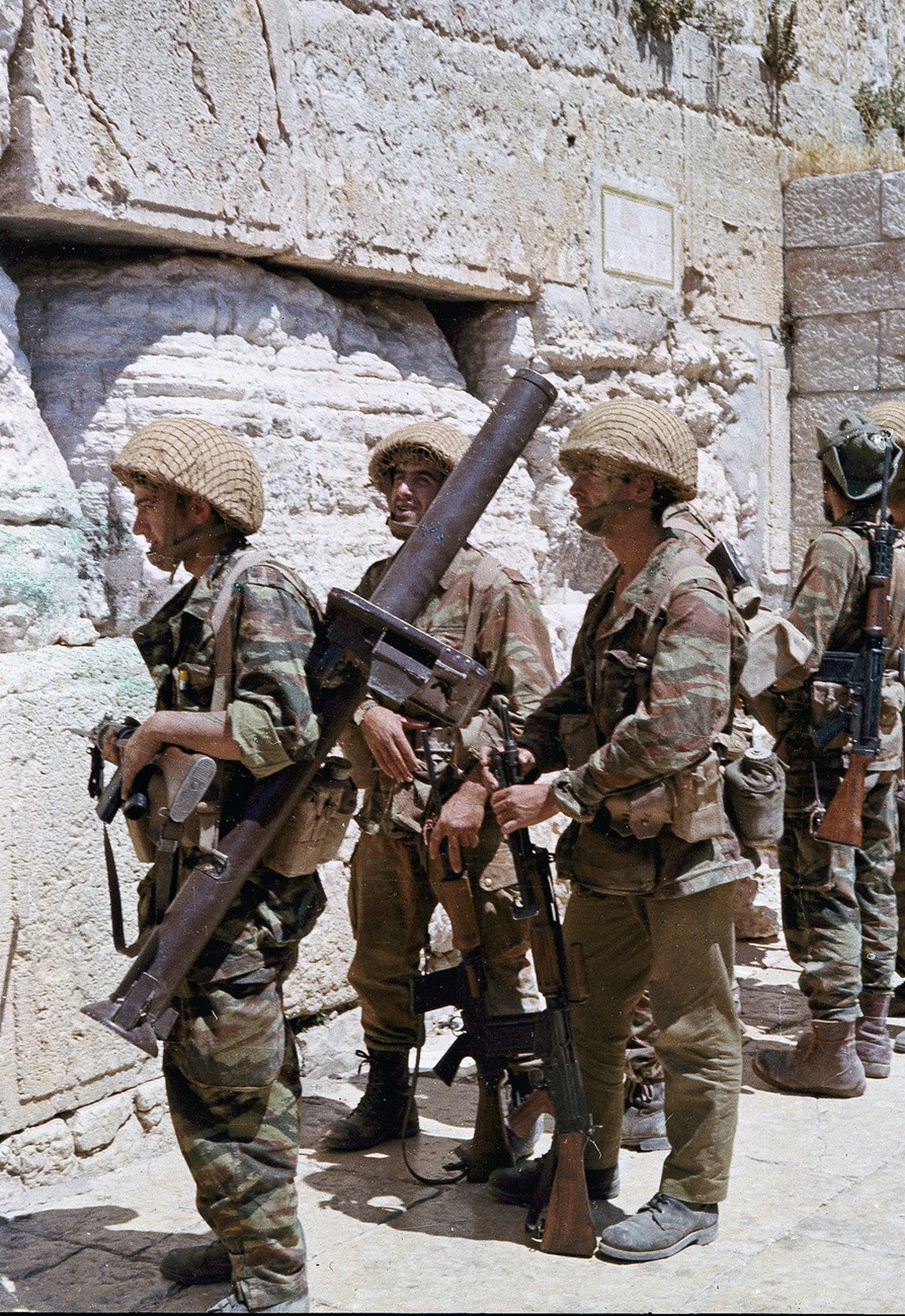 Israeli soldiers stop at the Western Wall in Jerusalem, June 1967. (AP Photo)