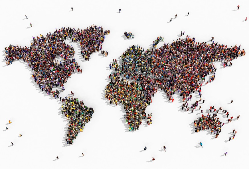 Weltbevölkerung, Weltkarte mit Menschen (Symbolbild)