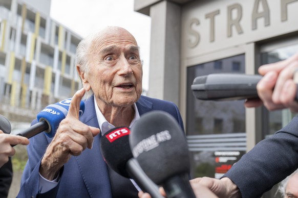 epa11986897 Former FIFA President, Joseph (Sepp) Blatter speaks to journalists after the verdict at the special appeals court, in Muttenz, Switzerland, 25 March 2025. A special appeals court, sitting  ...