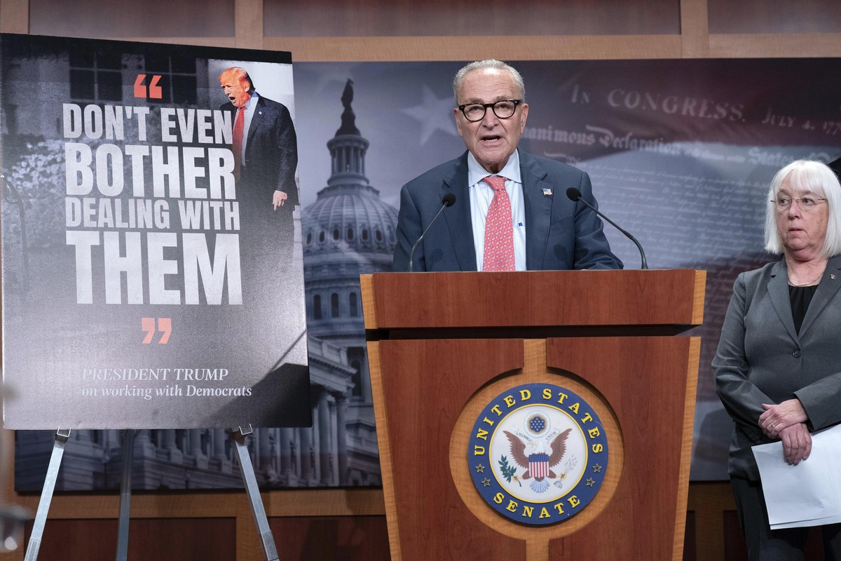 Senate Minority Leader Chuck Schumer, D-N.Y., accompanied by Sen. Patty Murray, D-Wash., speaks during a news conference on Capitol Hill in Washington, Friday, Sept. 19, 2025. (AP Photo/Jose Luis Maga ...