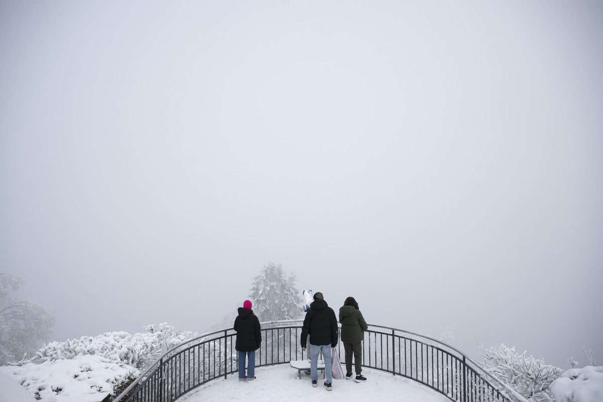 Menschen auf dem Uetliberg blicken in den Nebel in Richtung Stadt, aufgenommen am Mittwoch, 10. Januar 2024 in Zuerich. (KEYSTONE/Ennio Leanza)
