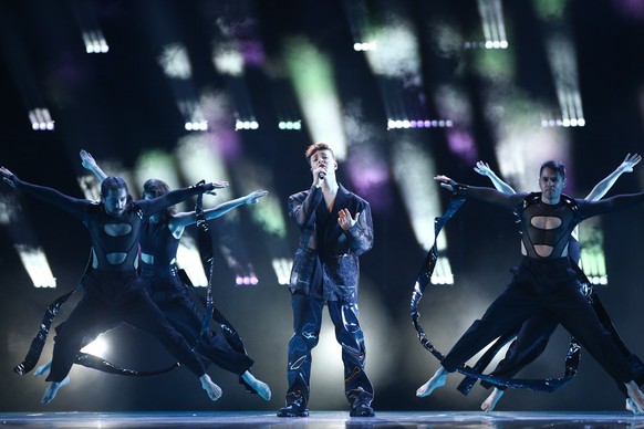 epa10615643 Remo Forrer of Switzerland (C) performs with dancers during a rehearsal for the 67th annual Eurovision Song Contest (ESC) at the M&amp;S Bank Arena in Liverpool, Britain, 08 May 2023. Live ...