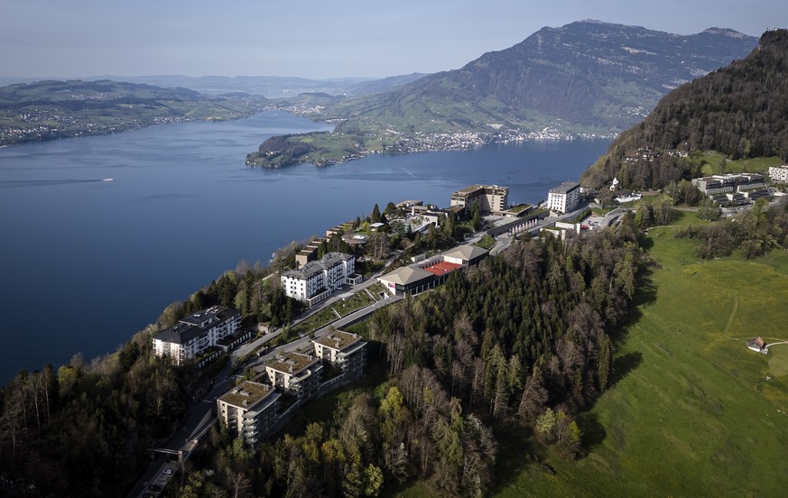 The mount Buergenstock with the Buergenstock Resort is seen above Lake Lucerne on Thursday, April 11, 2024 in Obbuergen, central Switzerland. Switzerland&#039;s Buergenstock resort is to host a two-da ...