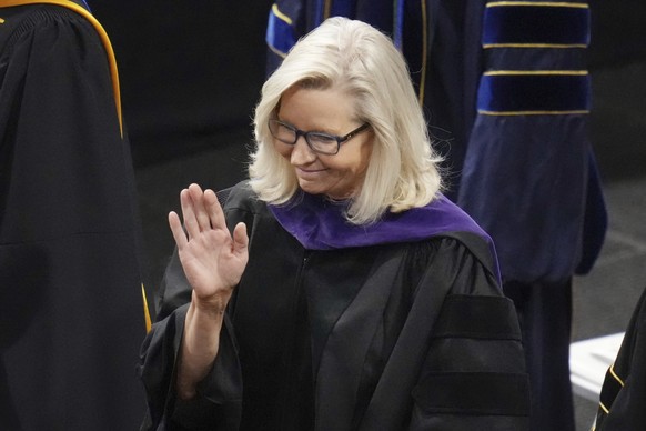 Former U.S. Rep. Liz Cheney, R-Wyo., waves before delivering the commencement address at Colorado College, Sunday, May 28, 2023, in Colorado Springs, Colo. (AP Photo/Jack Dempsey)
Liz Cheney