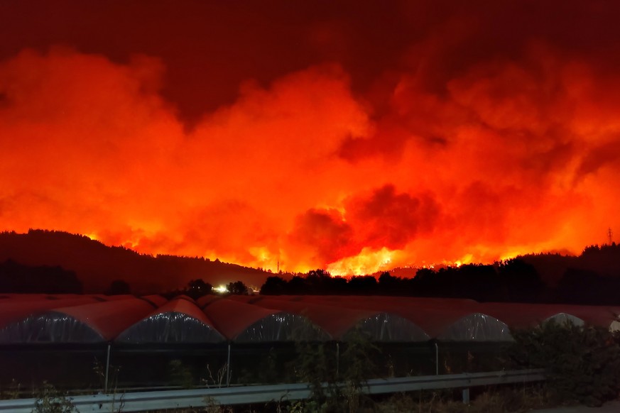 epa09399806 Smoke and flames rise as a wildfire burns the area of Skepasti in Evia island, eastern coast of Central Greece, 05 August 2021 (issued 06 August 2021).The battle with the flames continued ...