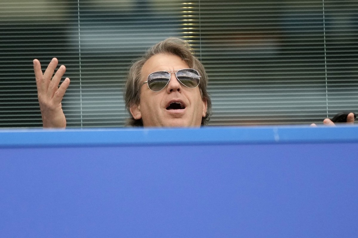 Chelsea new owner Todd Boehly gestures during the English Premier League soccer match between Chelsea and Wolverhampton at Stamford Bridge stadium, in London, Saturday, May 7, 2022. (AP Photo/Frank Au ...