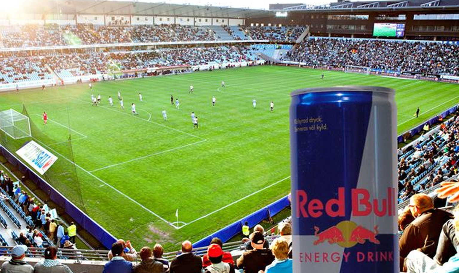 Fotomontage von einer Red-Bull-Dose im Swedbank Stadion.