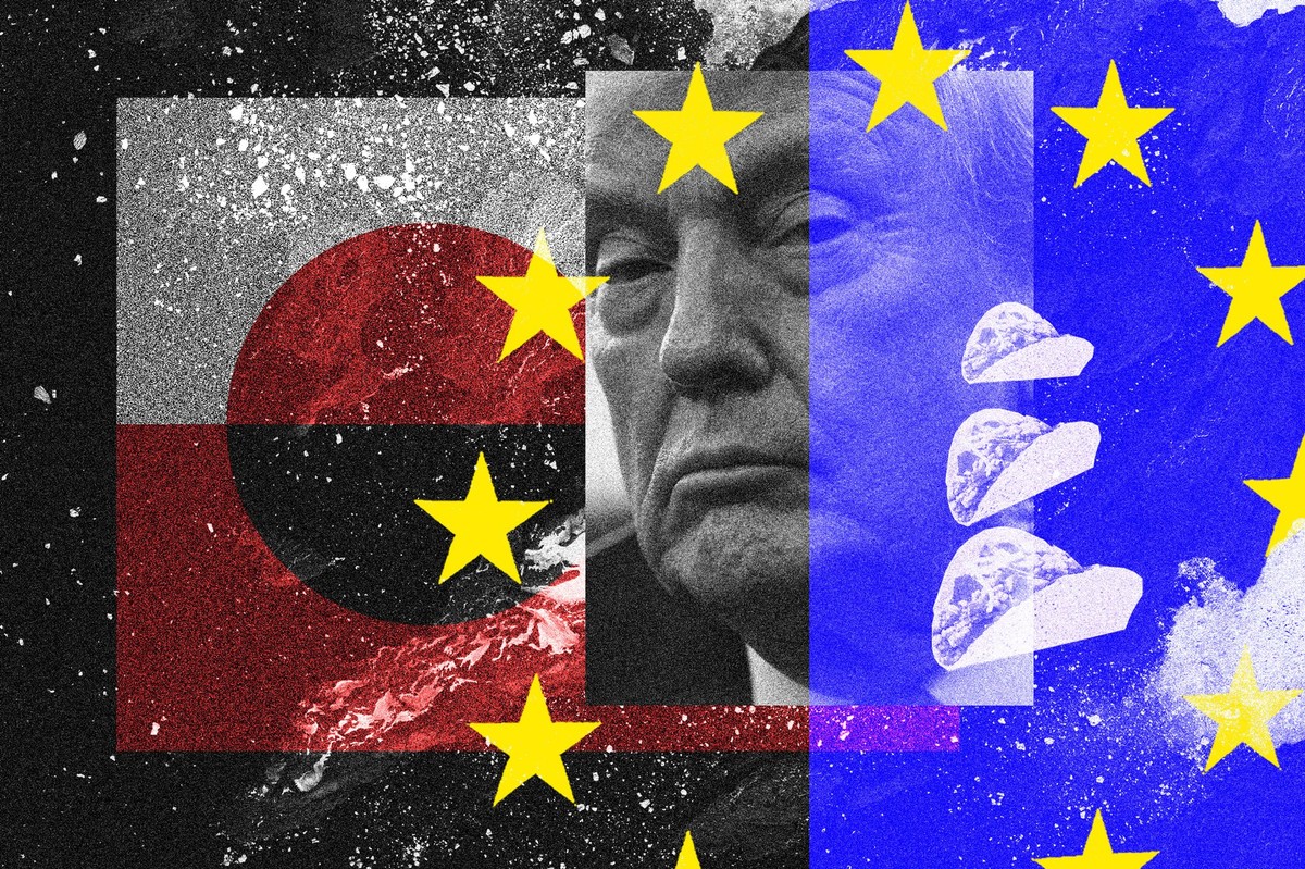 Fotomontage zeigt Flagge von Grönland und der EU über einer Küstenlinie. Darüber ein Bild von Trump uns ausschnitte von Tacos