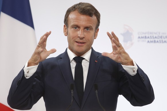 epa07796877 French President Emmanuel Macron delivers a speech during the annual French ambassadors conference at the Elysee Palace in Paris, France, 27 August 2019. EPA/YOAN VALAT / POOL