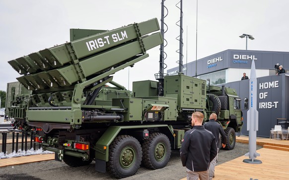 epa11387662 A launcher of the IRIS-T SLM air defense system is on display at the area of Diehl Defence at the ILA Berlin Air Show 2024 in Schoenefeld near Berlin, Germany, 03 June 2024. The aerospace  ...