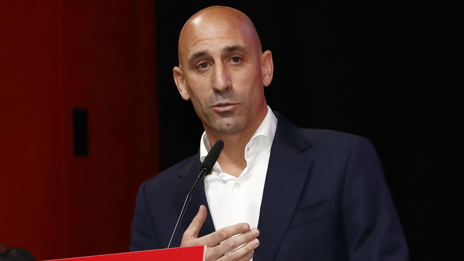 FILE - The president of the Spanish soccer federation Luis Rubiales speaks during an emergency general assembly meeting in Las Rozas, Spain, Friday Aug. 25, 2023. The kiss by Luis Rubiales has unleash ...