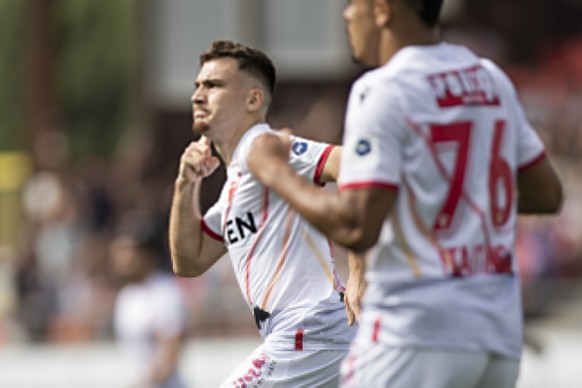 La joie de l&#039;attaquant valaisan Filip Stojilkovic (buteur), lors de la rencontre du championnat de football de Super League entre le FC Sion et le Geneve Servette FC ce dimanche, 22 mai 2022 au s ...