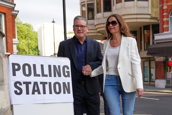 Britain's Prime Minister Keir Starmer and wife Victoria arrive at a polling station in central London, Thursday, May 7, 2026 to cast their votes in the local elections.(AP Photo/Kirsty Wiggleswor ...